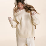 Kroche 2601 羊毛混纺 系带斜肩宽松针织毛衣 米杏