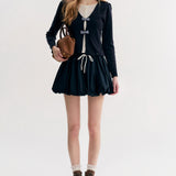 Kroche 2511 格纹蝴蝶结假两件 海军领针织衫上衣