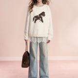 Kroche 2602 重工烫钻内里抓绒宽松直筒牛仔裤