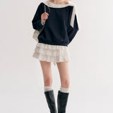 Kroche 2511 撞色棉布蕾丝翻领斜肩卫衣 藏青