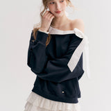 Kroche 2511 撞色棉布蕾丝翻领斜肩卫衣 藏青