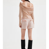 KINGWEN 2602 斜肩褶皱飘带上衣（蝴蝶结可拆）