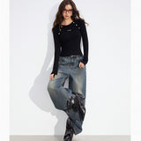 MacyMccoy 2512 竖条纹插肩假两件拼接针织打底 黑