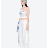 13DE MARZO | 2602 Silver Foil Chain Print Bustier Top White