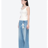 13DE MARZO | 2604 Faux Rhinestones Pearl Chains Jeans Blue