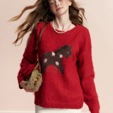 Kroche 2602 羊毛混纺 拉毛撞色小马提花宽松圆领毛衣 新年红