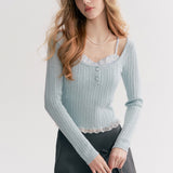 Kroche 2511 打揽格纹蕾丝花边假两件绞花针织衫 蓝