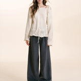 Kroche 2601 蕾丝系带抽绳花边露肩套头毛衣