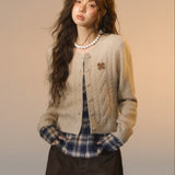 SOMESOWE 2512 假两件格纹拼接绞花开衫 杏