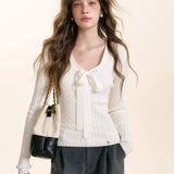 Kroche 2511 系带蝴蝶结麻花坑条修身针织打底衫