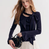 Kroche 2511 设计感飘带蝴蝶结V领长袖修身T恤 藏青