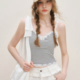 Kroche 2511 蕾丝花边拼接蝴蝶结条纹吊带背心（带胸垫）