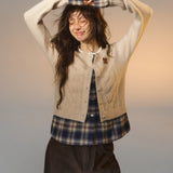 SOMESOWE 2512 假两件格纹拼接绞花开衫 杏