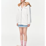 13DE MARZO | 2410 Bear Zip Fuzzy Hoodie White