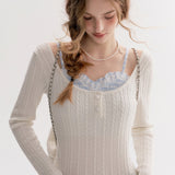 Kroche 2511 打揽格纹蕾丝花边假两件绞花针织衫 白