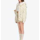 13DE MARZO | 2610 Floral Print Hoodie with Fur Collar Beige