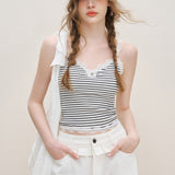 Kroche 2511 蕾丝花边拼接蝴蝶结条纹吊带背心（带胸垫）