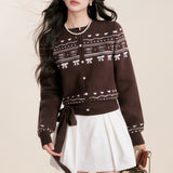 Kroche 2512 费尔岛纯手绘撞色提花毛衣开衫 巧克力棕