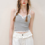 Kroche 2511 蕾丝花边拼接蝴蝶结条纹吊带背心（带胸垫）