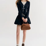 Kroche 2511 格纹蝴蝶结假两件 海军领针织衫上衣