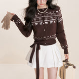 Kroche 2512 费尔岛纯手绘撞色提花毛衣开衫 巧克力棕