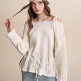 Kroche 2601 蕾丝系带抽绳花边露肩套头毛衣