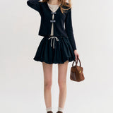 Kroche 2511 格纹蝴蝶结假两件 海军领针织衫上衣