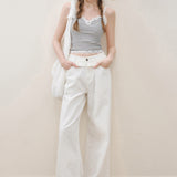 Kroche 2511 蕾丝花边拼接蝴蝶结条纹吊带背心（带胸垫）