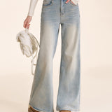 Kroche 2512  手工钉五瓣花亮片加绒微喇牛仔裤