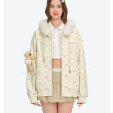 13DE MARZO | 2610 Floral Print Hoodie with Fur Collar Beige
