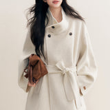 Kroche 2512  70羊毛立领双面呢香草白宽松大衣外套