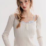 Kroche 2511 打揽格纹蕾丝花边假两件绞花针织衫 白