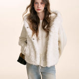 Kroche 2601 蕾丝系带抽绳花边露肩套头毛衣