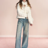 Kroche 2602 重工烫钻内里抓绒宽松直筒牛仔裤