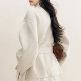 Kroche 2512  70羊毛立领双面呢香草白宽松大衣外套