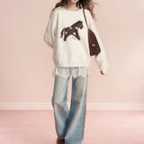 Kroche 2602 重工烫钻内里抓绒宽松直筒牛仔裤