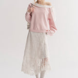 Kroche 2511 撞色棉布蕾丝翻领斜肩卫衣 浅粉