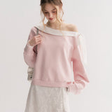 Kroche 2511 撞色棉布蕾丝翻领斜肩卫衣 浅粉