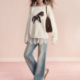 Kroche 2602 羊毛混纺 拉毛撞色小马提花宽松圆领毛衣 白