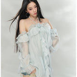 VIA PITTI 2606 露肩荷叶边连衣裙 浅蓝