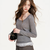 Kroche 2602 网纱花边拼接 简约休闲天丝羊毛A字短裤