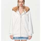 13DE MARZO | 2410 Bear Zip Fuzzy Hoodie White