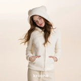 Kroche 2602 小熊耳朵连帽修身毛绒卫衣外套 白