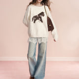 Kroche 2602 羊毛混纺 拉毛撞色小马提花宽松圆领毛衣 白