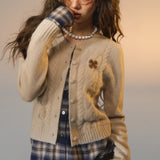 SOMESOWE 2512 假两件格纹拼接绞花开衫 杏