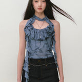 VIA PITTI 2507 玫瑰花荷叶边挂脖系带上衣 海浪蓝