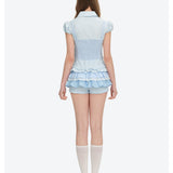 13DE MARZO | 2606 leeveless Top with Puff Sleeve Shirt Light Blue
