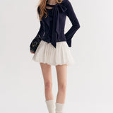 Kroche 2511 设计感飘带蝴蝶结V领长袖修身T恤 藏青