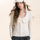 Kroche 2511 系带蝴蝶结麻花坑条修身针织打底衫