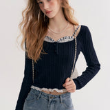 Kroche 2511 打揽格纹蕾丝花边假两件绞花针织衫 藏青